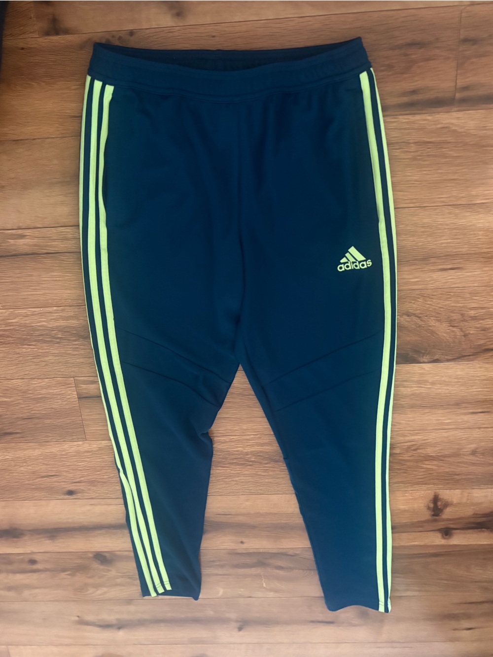 Adidas Navy Blue Track Pants with Neon Green Stripes
